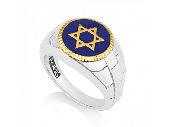 Anillo de Plata con Estrella de David y Esmalte Azul para Hombre