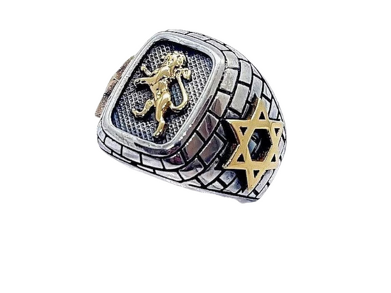 Anillo de Plata y Oro con León de Juda y Estrella de David para Hombre
