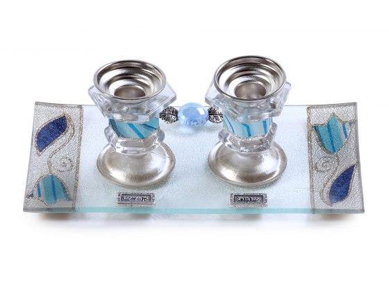 Candelabros de vidrio con Bandeja para Shabat con tulipanes en color azul - Compraenisrael