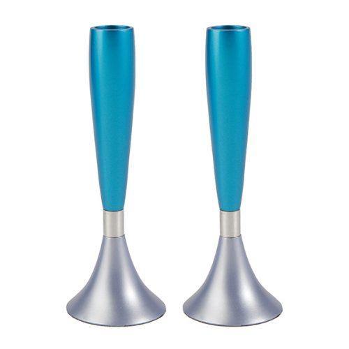 Candelabros de Shabat realizados en aluminio de color turquesa y plateado - Compraenisrael