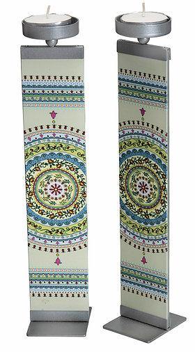 Candelabros de metal y vidrio templado con diseño de mandalas multicolores - Compraenisrael