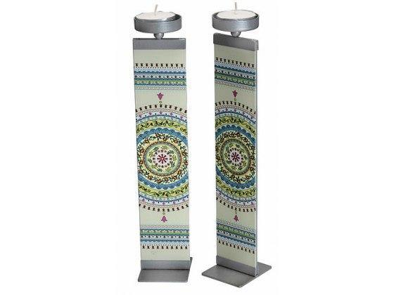 Candelabros de metal y vidrio templado con diseño de mandalas multicolores - Compraenisrael