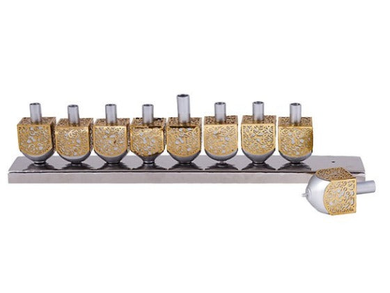Menorah de Janucá realizada con Dreidels en Aluminio