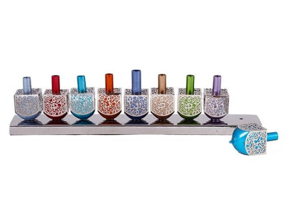 Menorah de Janucá realizada con Dreidels en Aluminio Multicolor