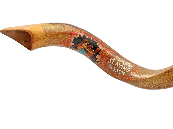 Shofar Tipo Yemenita pintado a mano por Sarit Romano XL - Sansón matando al León - Compraenisrael
