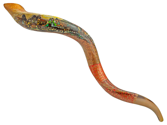 Shofar Tipo Yemenita pintado a mano por Sarit Romano XL - Sansón matando al León - Compraenisrael