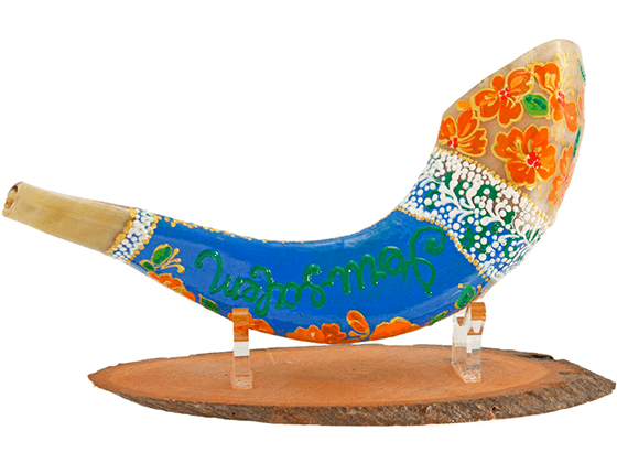 Shofar corto pintado a mano por Sarit Romano L - Jerusalén celeste - Compraenisrael