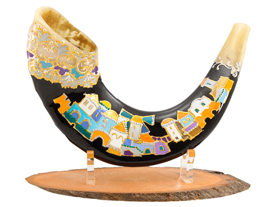 Shofar corto pintado a mano por Sarit Romano L - Jerusalén negro - Compraenisrael