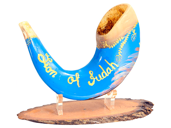 Shofar corto pintado a mano por Sarit Romano L - León  de Judá celeste - Compraenisrael
