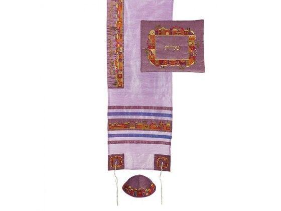 Talit bordado con Jerusalén en color púrpura y con Kipa - Compraenisrael