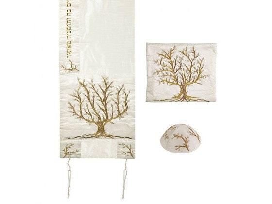 Talit bordado con el Árbol de la Vida en Oro y Plata con Kipa - Compraenisrael