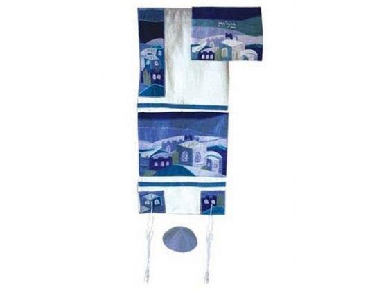 Talit de seda cruda con decoración azul de Jerusalén con Kipa - Compraenisrael