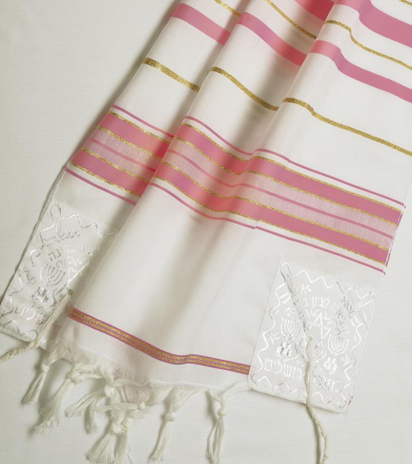 Talit de tela acrílica para mujer con rayas rosas y doradas - Compraenisrael
