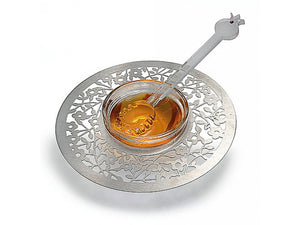 Plato de miel en vidrio y adornos en metal plateado
