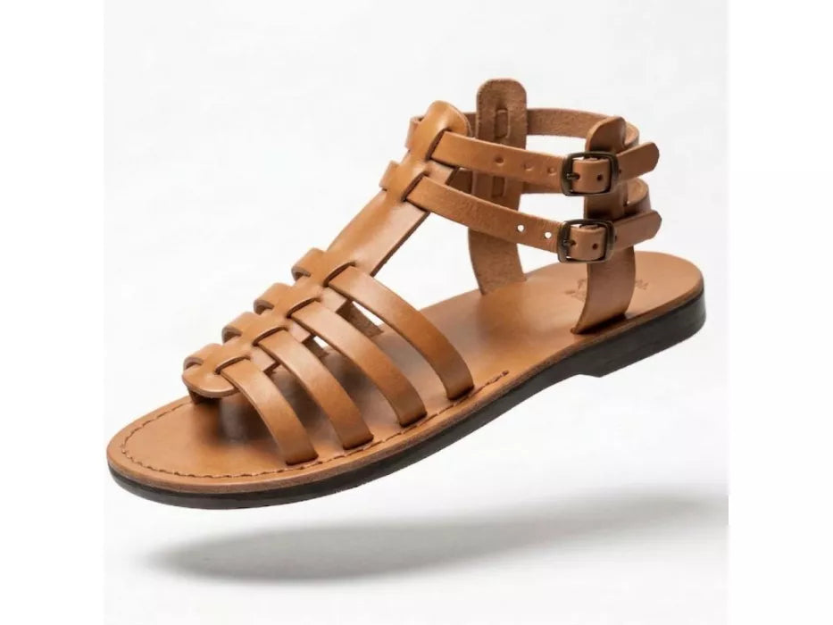 Open front leather sandal with double straps and buckles made by hand Irit