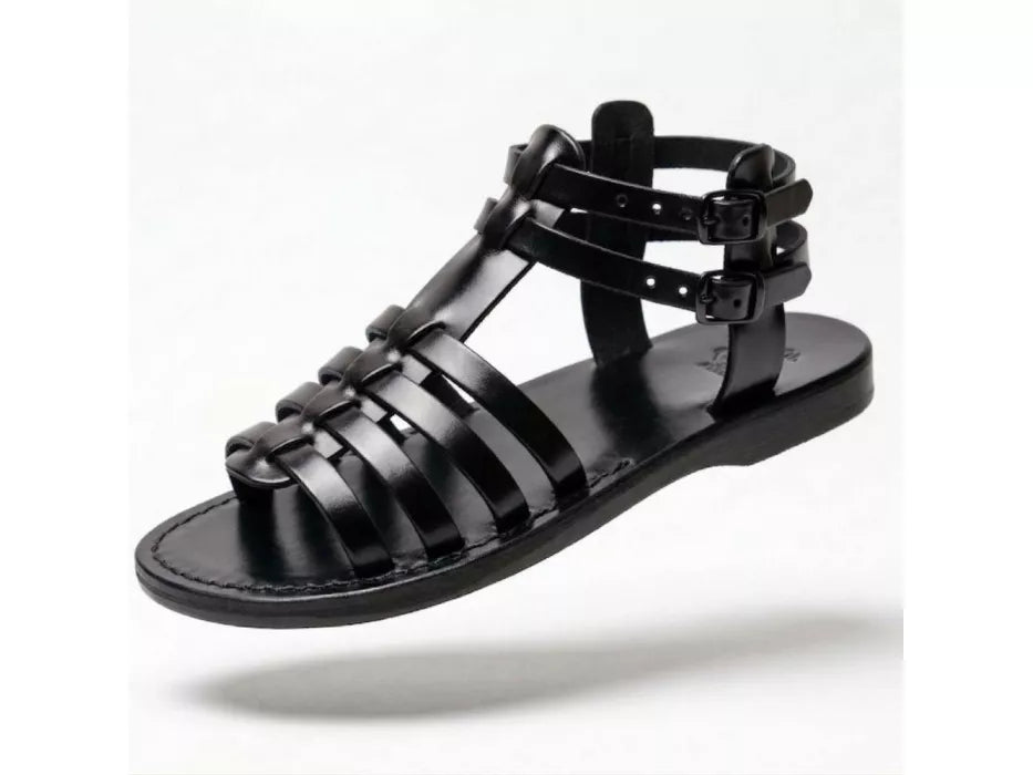 Open front leather sandal with double straps and buckles made by hand Irit
