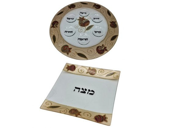 Matzo Tray and Glass Passover Plate with Pomegranates