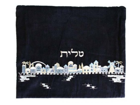Bolsa de Talit bordado a Mano en Terciopelo con Jerusalén Azul