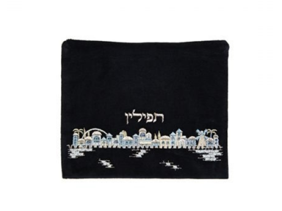 Bolsa de Tefilin bordado a Mano en Terciopelo con Jerusalén Azul