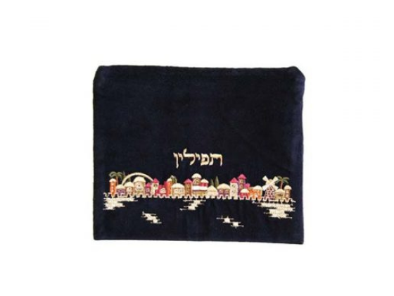Bolsa de Tefilin bordado a Mano en Terciopelo con Jerusalén Multicolor