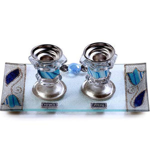 Candelabros de vidrio con Bandeja para Shabat con tulipanes en color azul - Compraenisrael