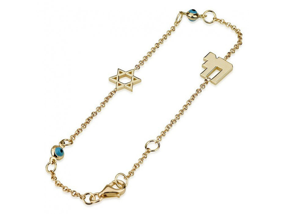 Gold Bracelet with Star of David a Protective Eye and a Jai