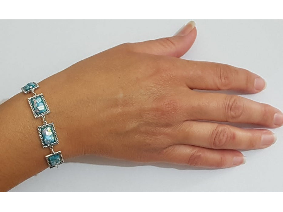 925 Silver Bracelet with Square Roman Glass with Filigree