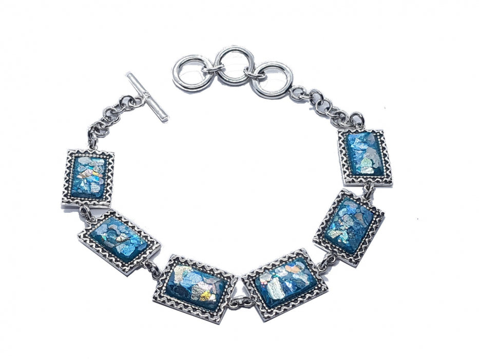 925 Silver Bracelet with Square Roman Glass with Filigree