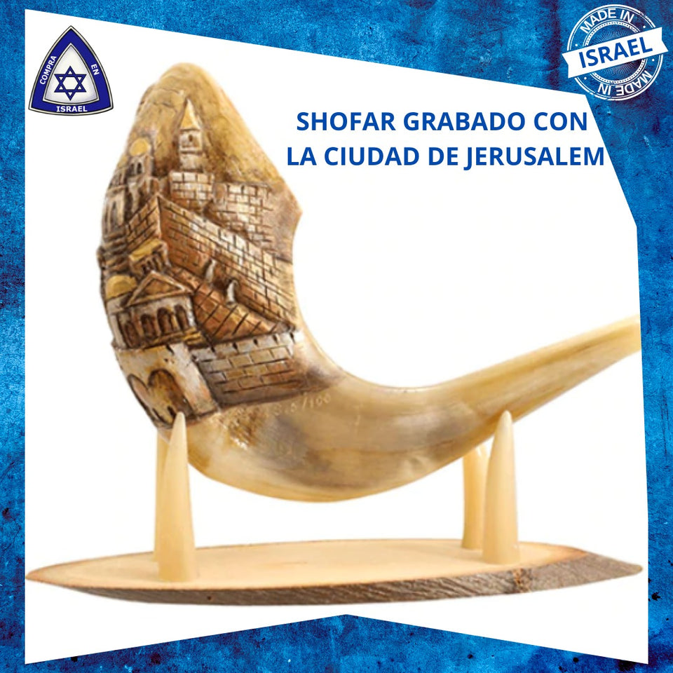 Short Shofar Engraved with the City of Jerusalem with Stand