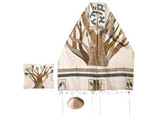 Talit de seda cruda con decoración árbol de la vida y con Kipa - Compraenisrael