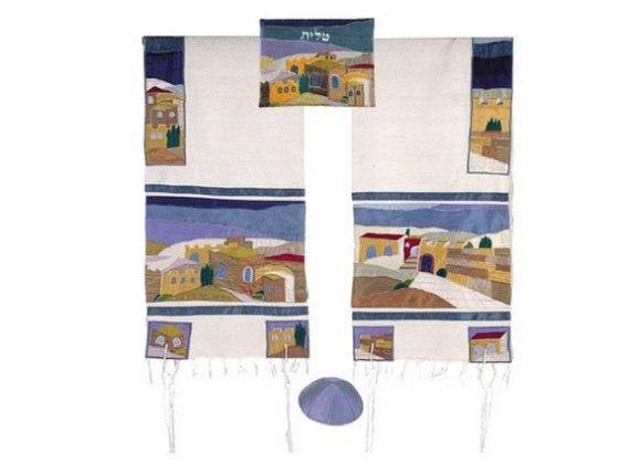 Talit de seda cruda con decoración de Jerusalén con Kipa - Compraenisrael
