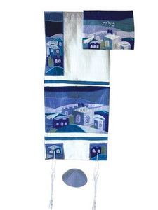 Talit de seda cruda con decoración azul de Jerusalén con Kipa - Compraenisrael